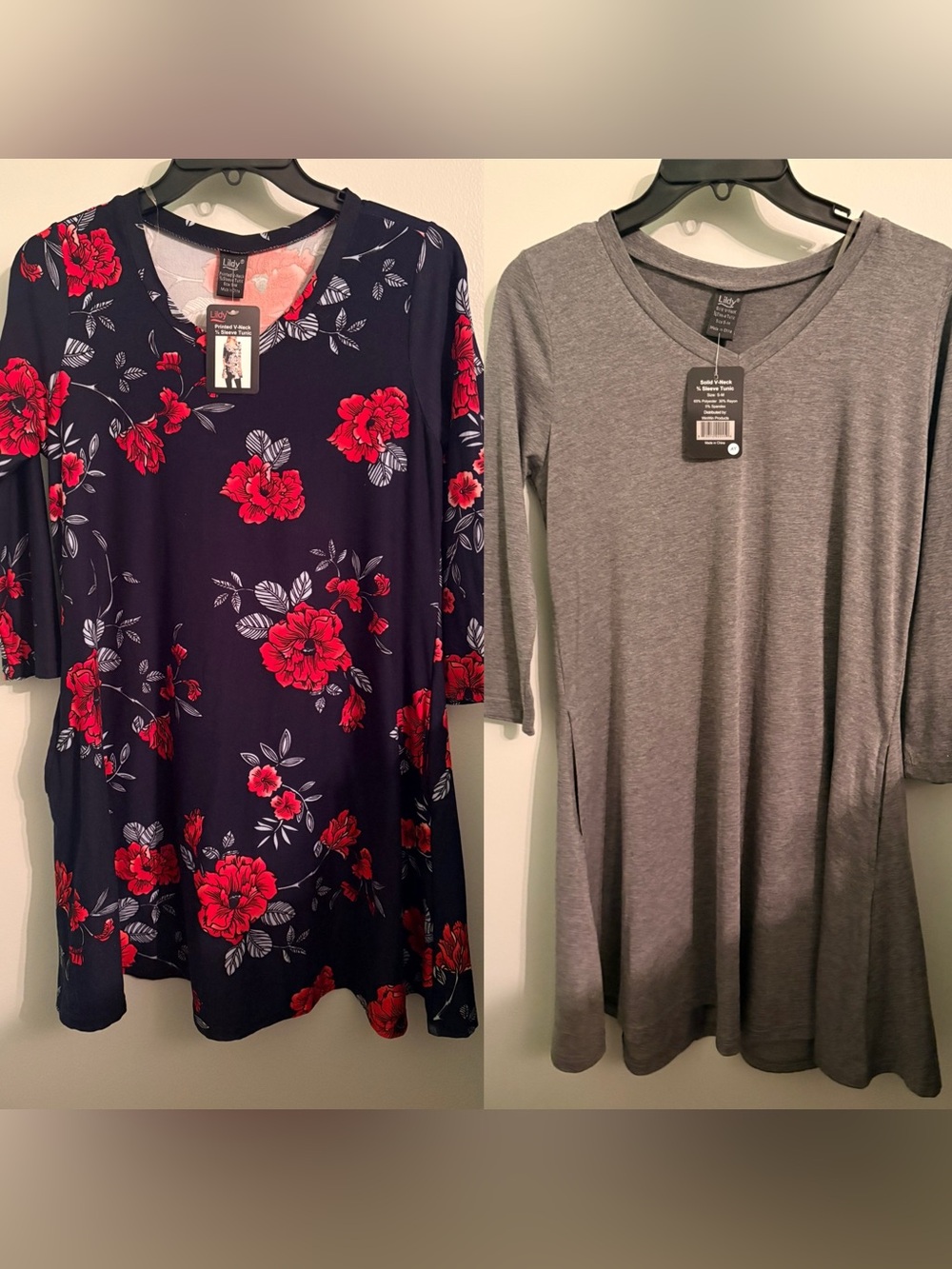 2-Pack Women’s V-Neck Tunic Tops — Floral Navy & Grey NWT